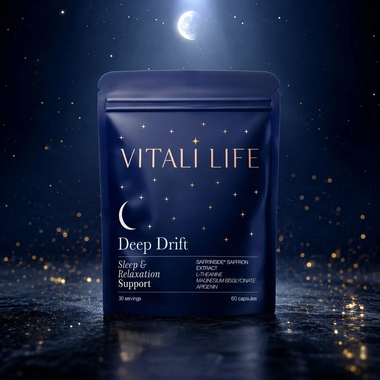Sleep supplement bottle on a bedside table